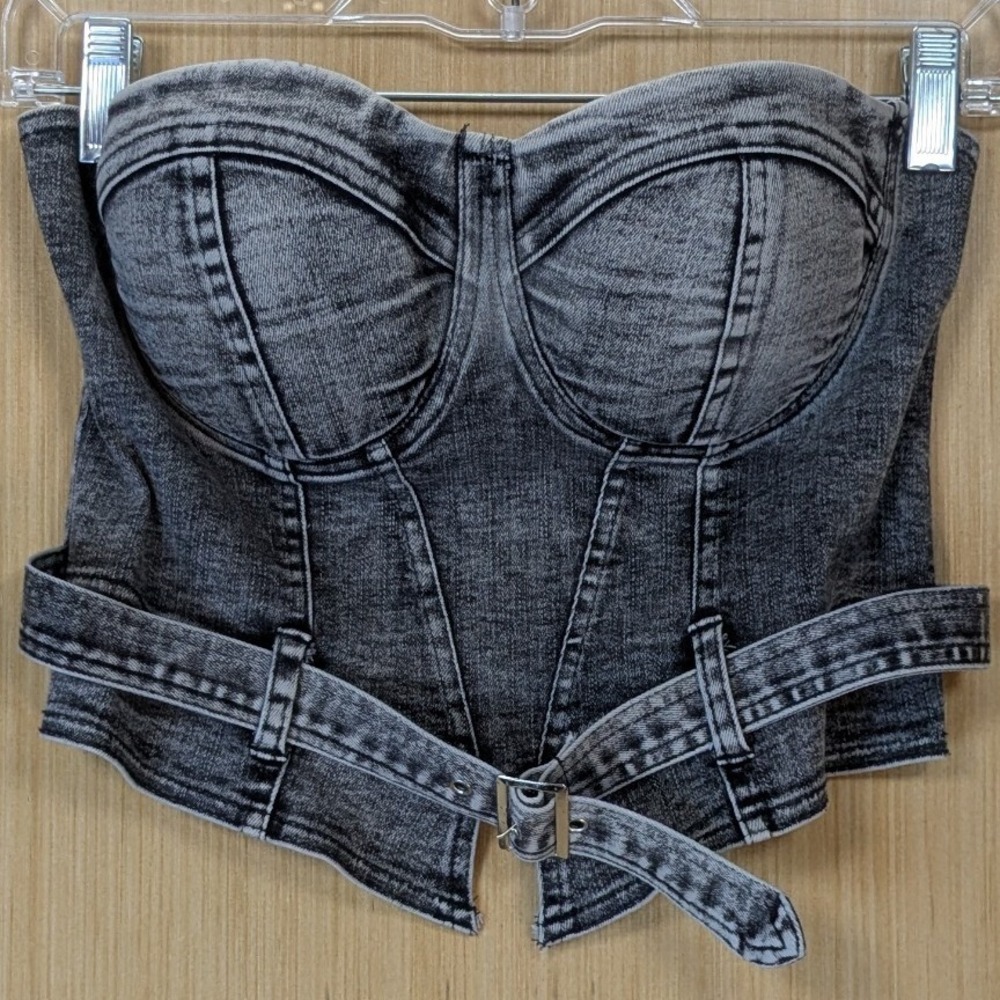 Say What Womens Grunge Festival Acid Wash Denim Corset Bustier Top Size M Gray